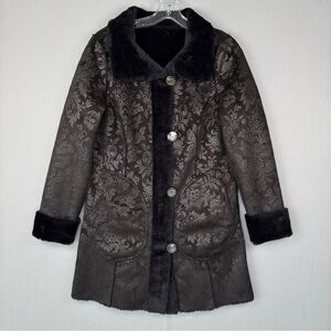 ADELAQUEEN Metallic Jacquard Coat XS Black Reversible Brocade Faux Fur Trim NWOT